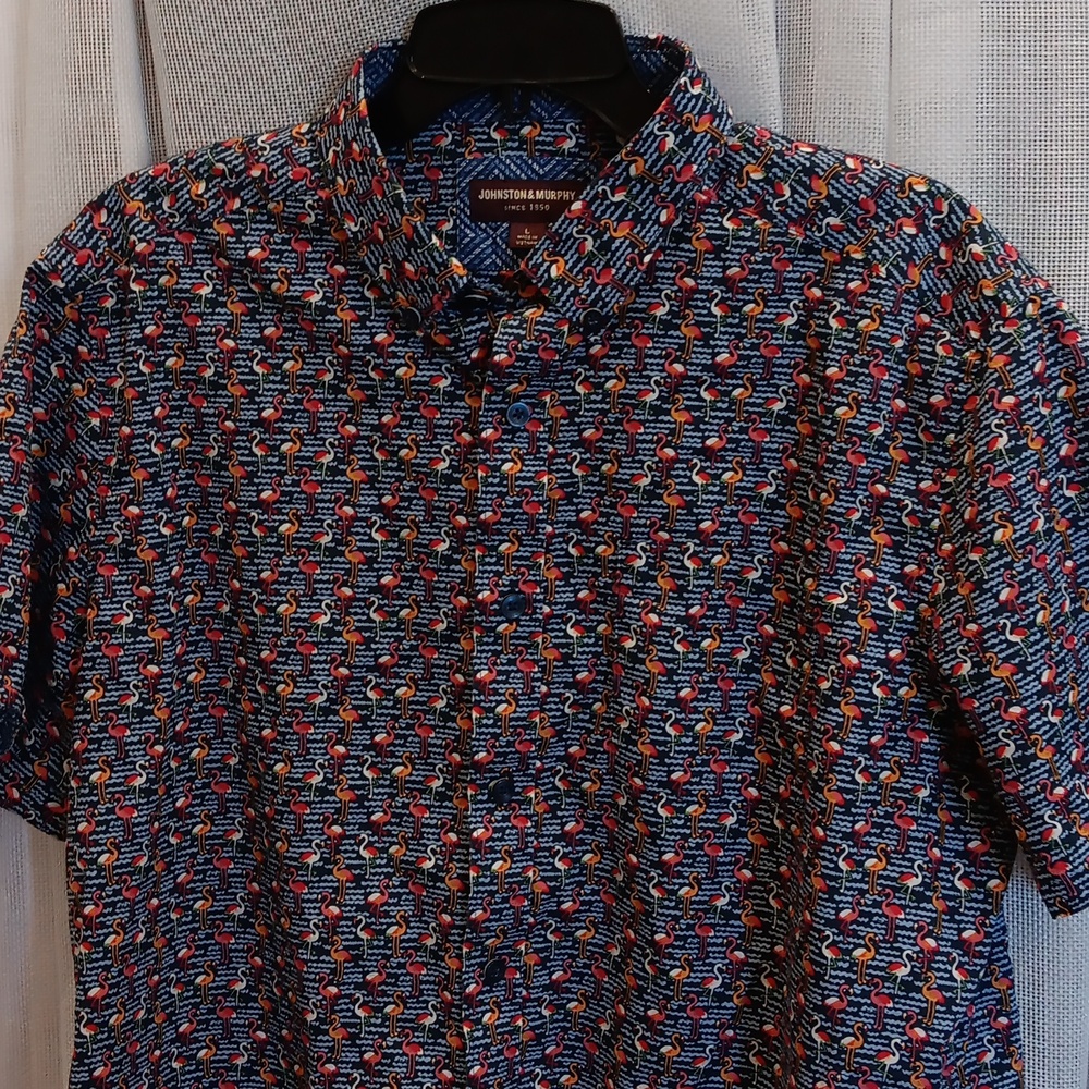 Johnston & Murphy Men's Blue And Pink Flamingo Patterned Shirt